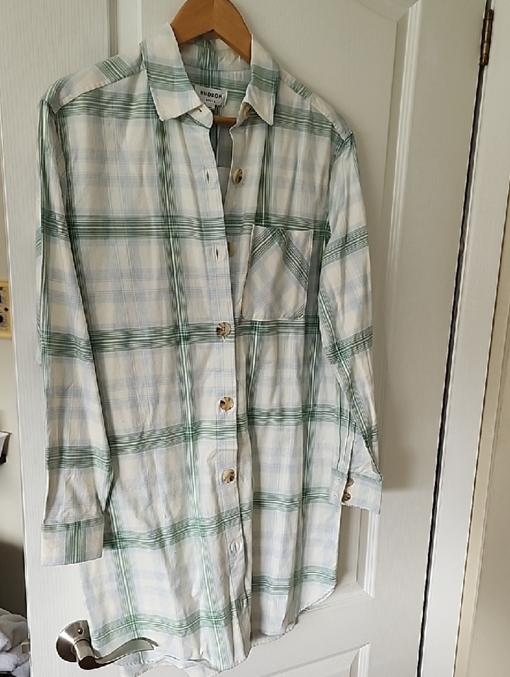Hudson Jeans White and Green Plaid 38 Inch Long Shirt 22 Inch Pit